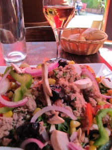 Lunch-salad and rose wine